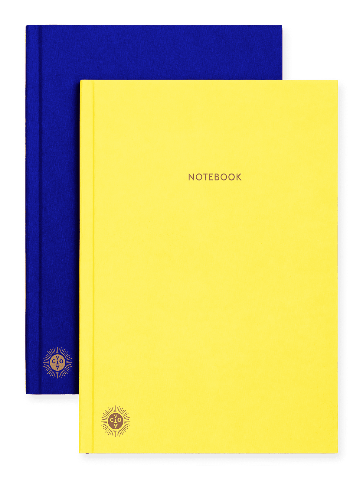 A yellow OCTAEVO Notebook Planner labeled NOTEBOOK overlaps a blue notebook, both with a small sun emblem.