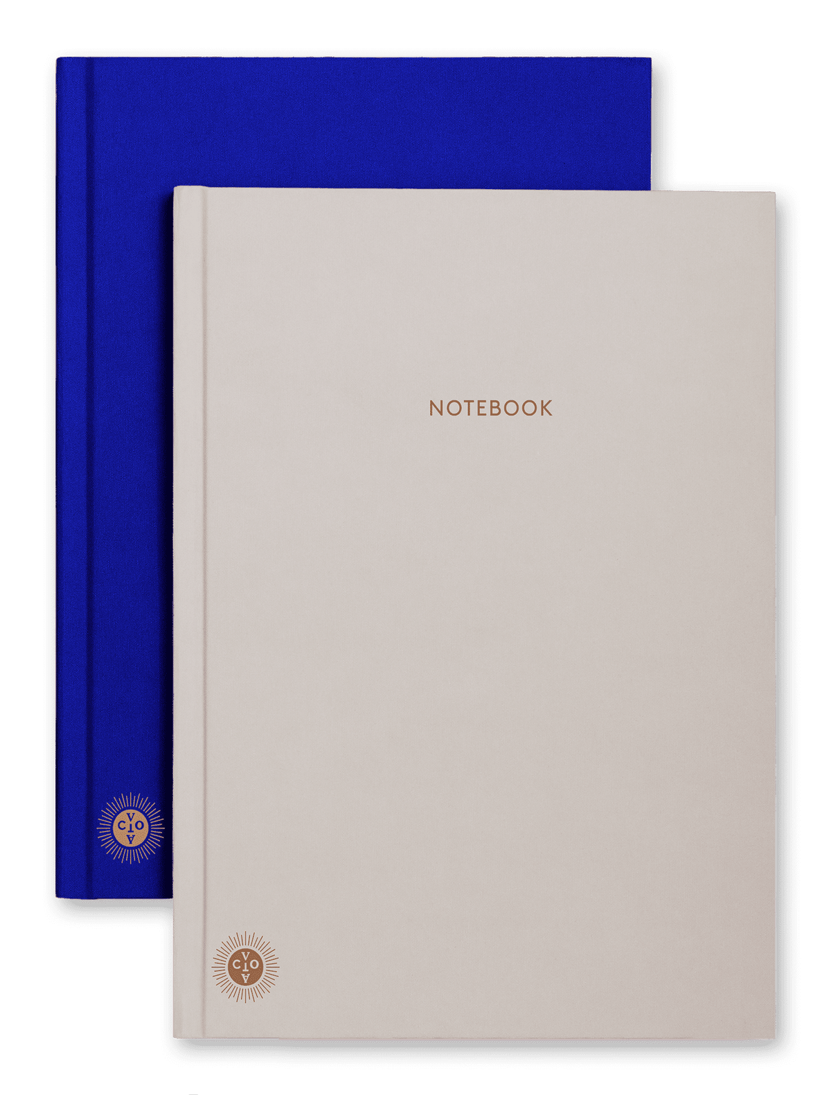 A grey OCTAEVO Notebook Planner with lay-flat binding overlaps a blue one, both with sunburst logos at the corner.