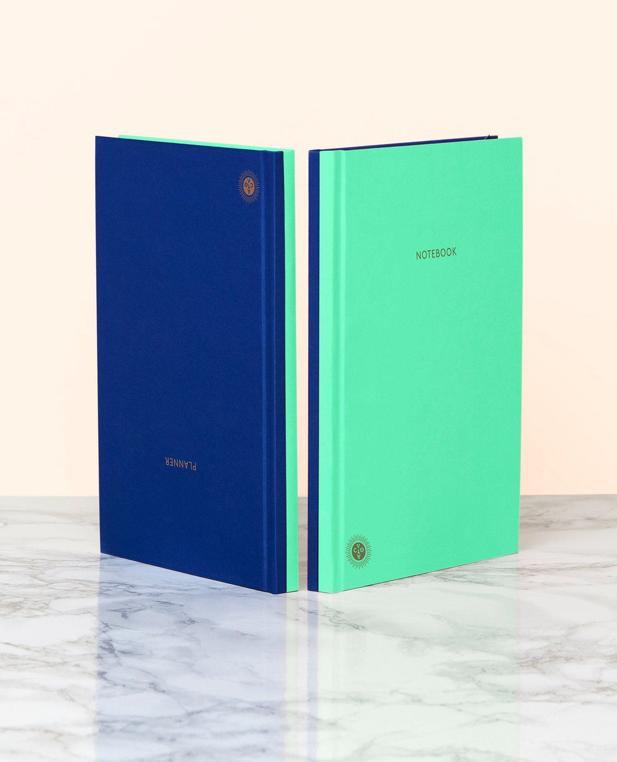 Two upright mint OCTAEVO Notebook Planners stand on marble against a pale background.
