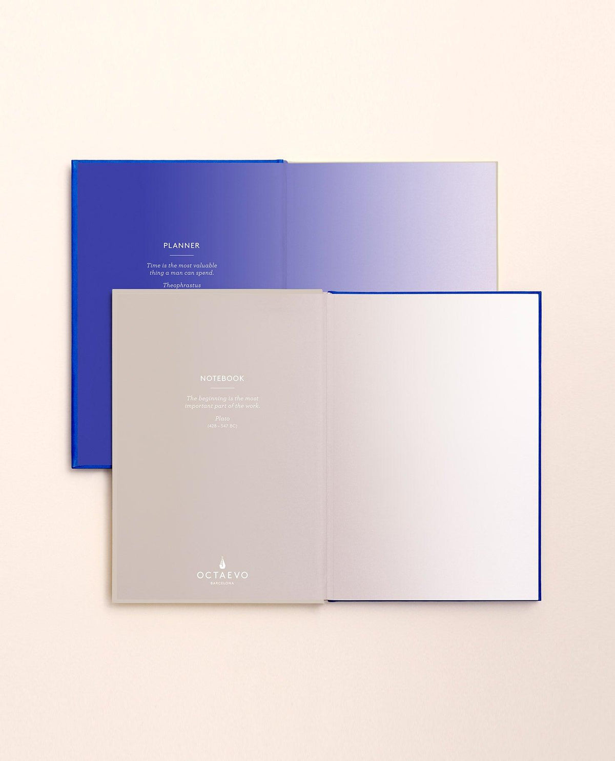 Two OCTAEVO Notebook Planners with gradient covers and lay-flat binding lie on a grey surface.