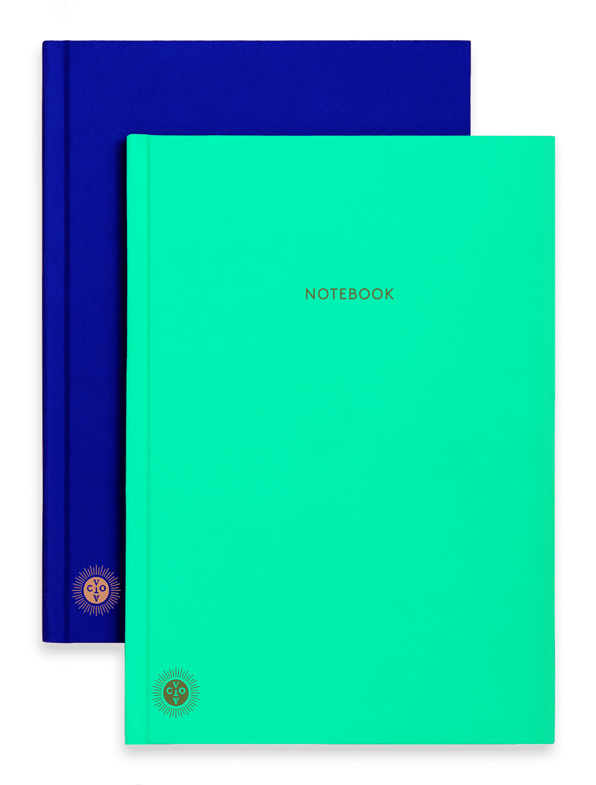 Two OCTAEVO Notebook Planners with lay-flat binding, mint over navy, top labeled NOTEBOOK in gold.