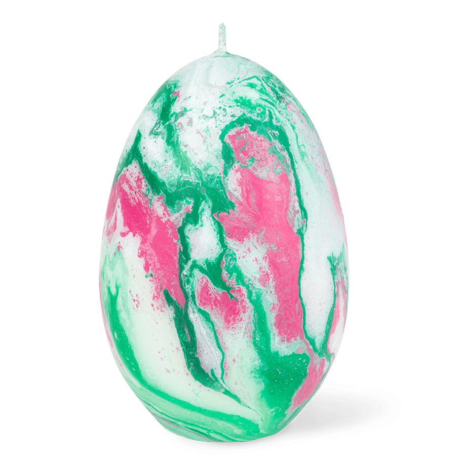 The Olimpo Marble Candle by Octaevo is handmade in Italy with pink, green, and white marbling on white.