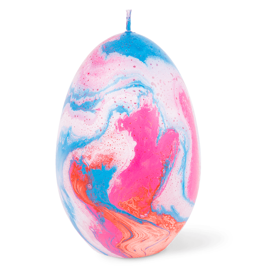 The Olimpo Marble Candle by Octaevo is a large handmade Italian egg candle with pink, blue, white & orange marbling.