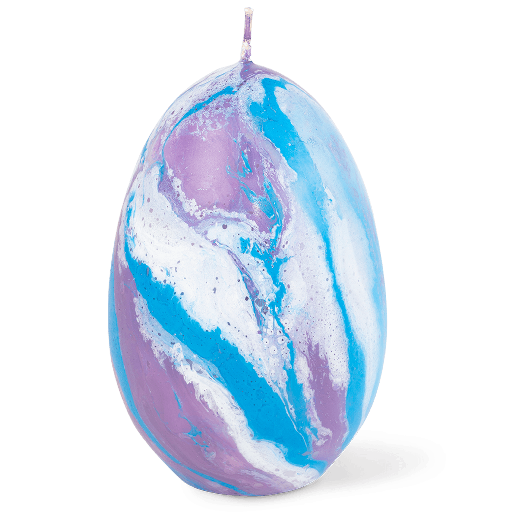 The Olimpo Marble Candle by Octaevo is an egg-shaped, handmade Italian candle with blue, purple, and white patterns.