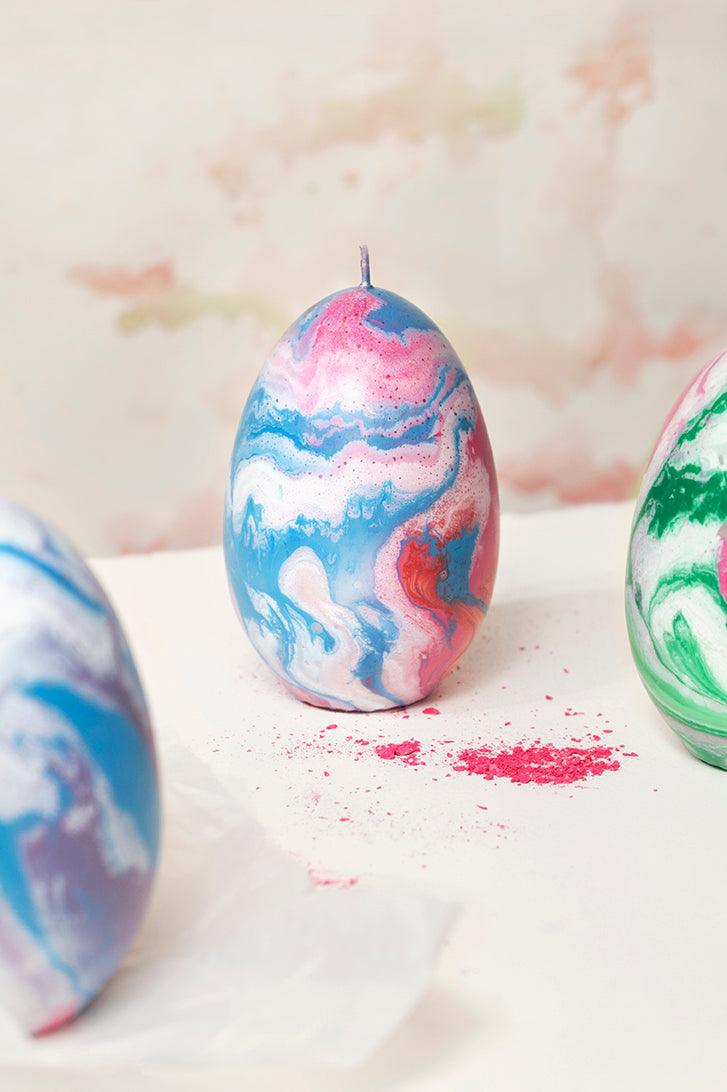 Olimpo Marble Candle by Octaevo: large handmade Italian egg candle with pink, blue & white marbled pattern.