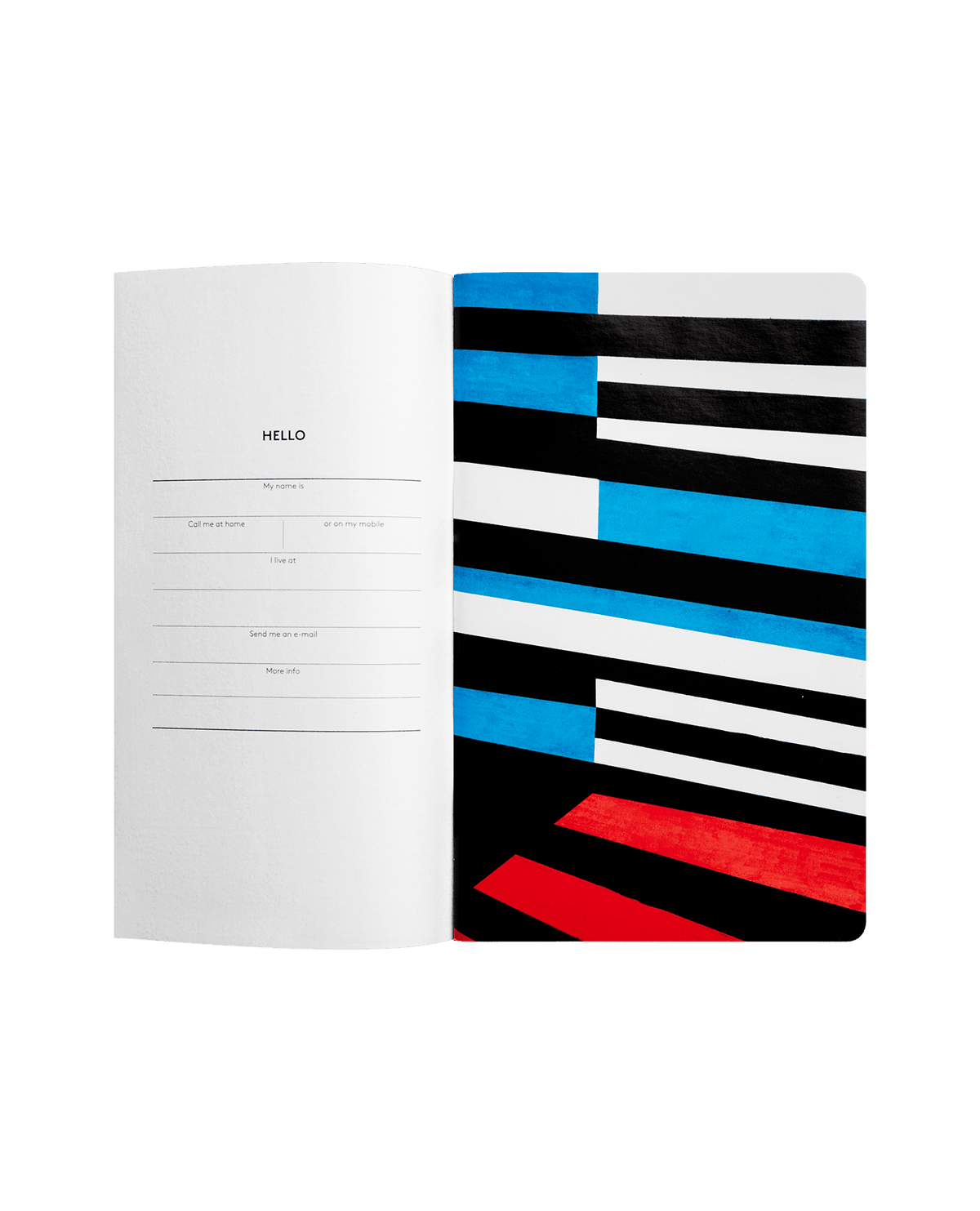 OCTAEVO Palma Creative Notes: open to contact page left, bold stripes right, and dot grid pages throughout.