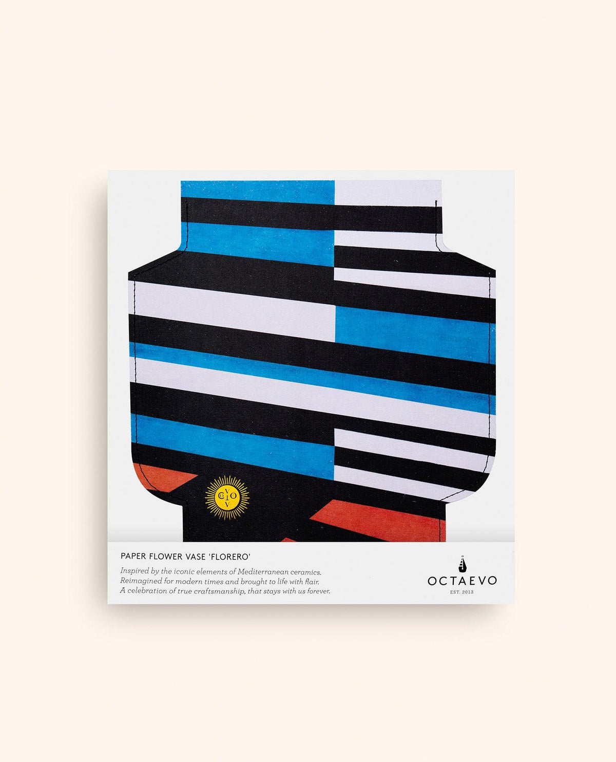 Flat OCTAEVO Palma Paper Vase, handcrafted with bold geometric stripes on a cream background.