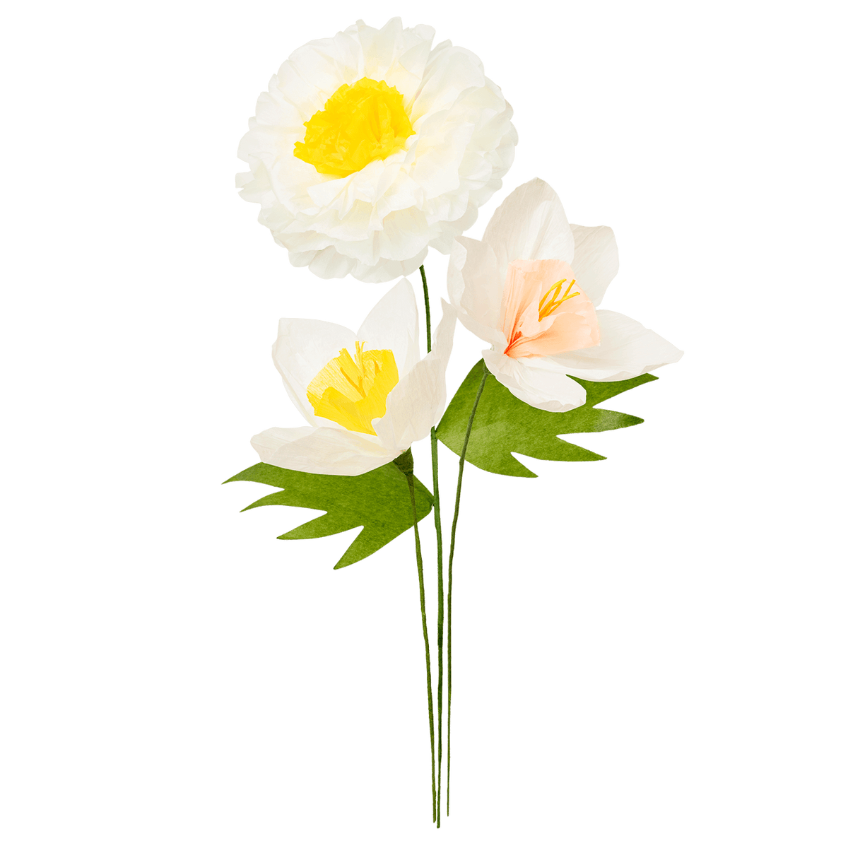 Octaevos Paper Flower Bouquet Sunrise: white and pale yellow crepe blooms with green leaves on long stems.