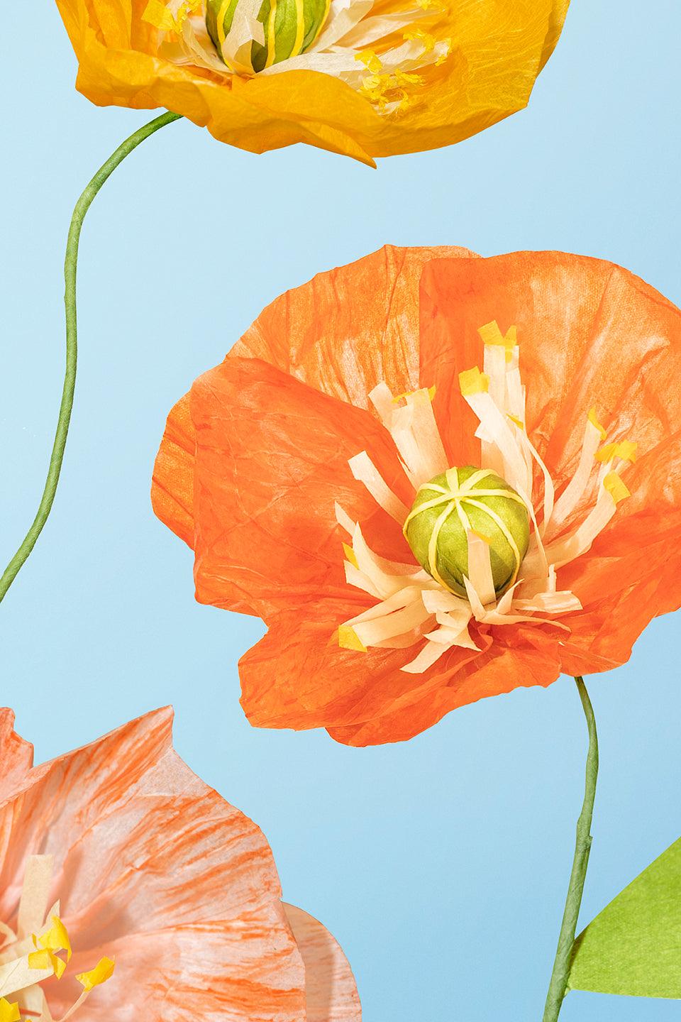 Octaevo’s Paper Flower Bouquet Sunset features vibrant crepe paper blooms, inspired by a Mediterranean sunrise.