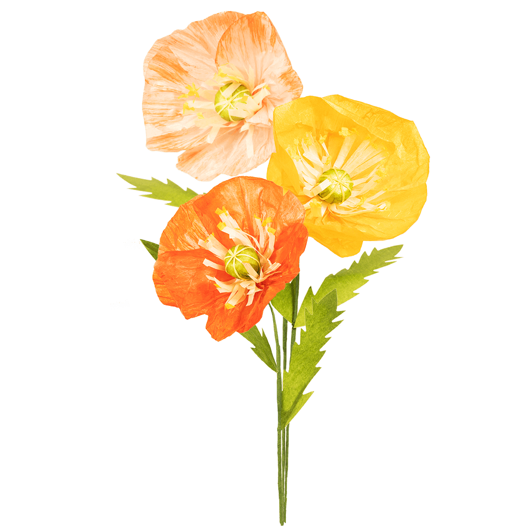 Octaevo’s Paper Flower Bouquet Sunset features three poppy flowers with crepe paper leaves in orange, yellow, and pink.