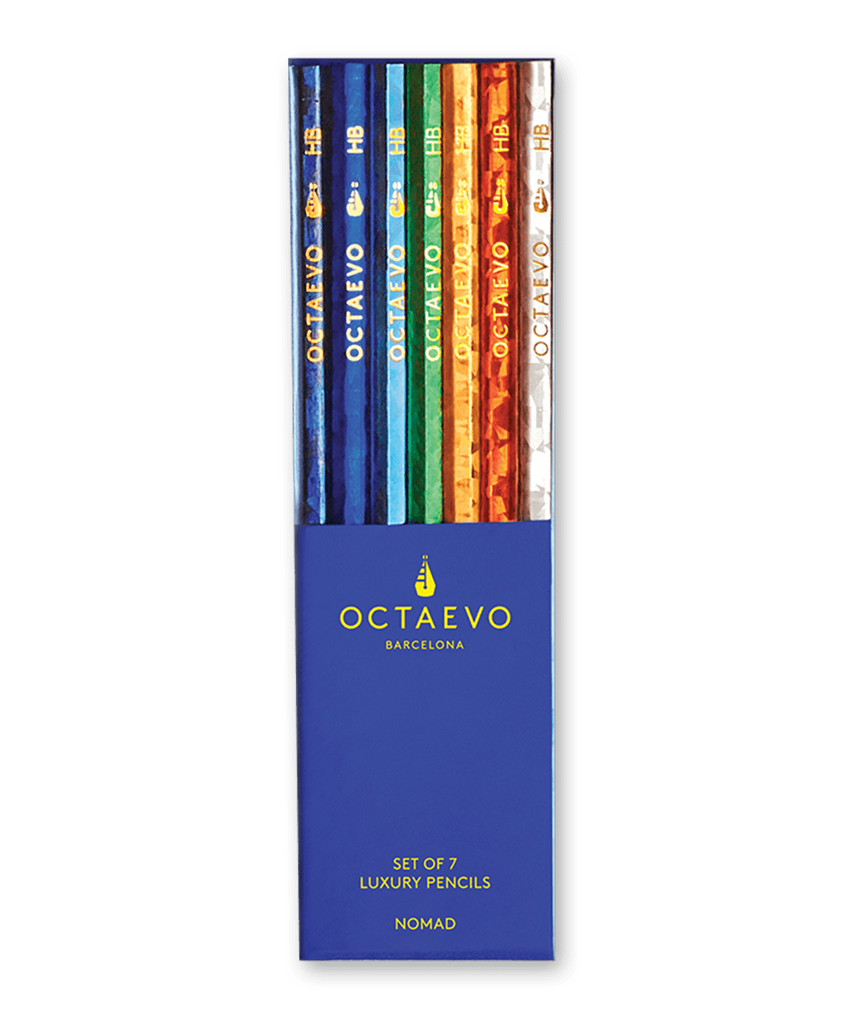 A blue box holds seven glittering NOMAD pencils by Octaevo, labeled Set of 7 Luxury Pencils.