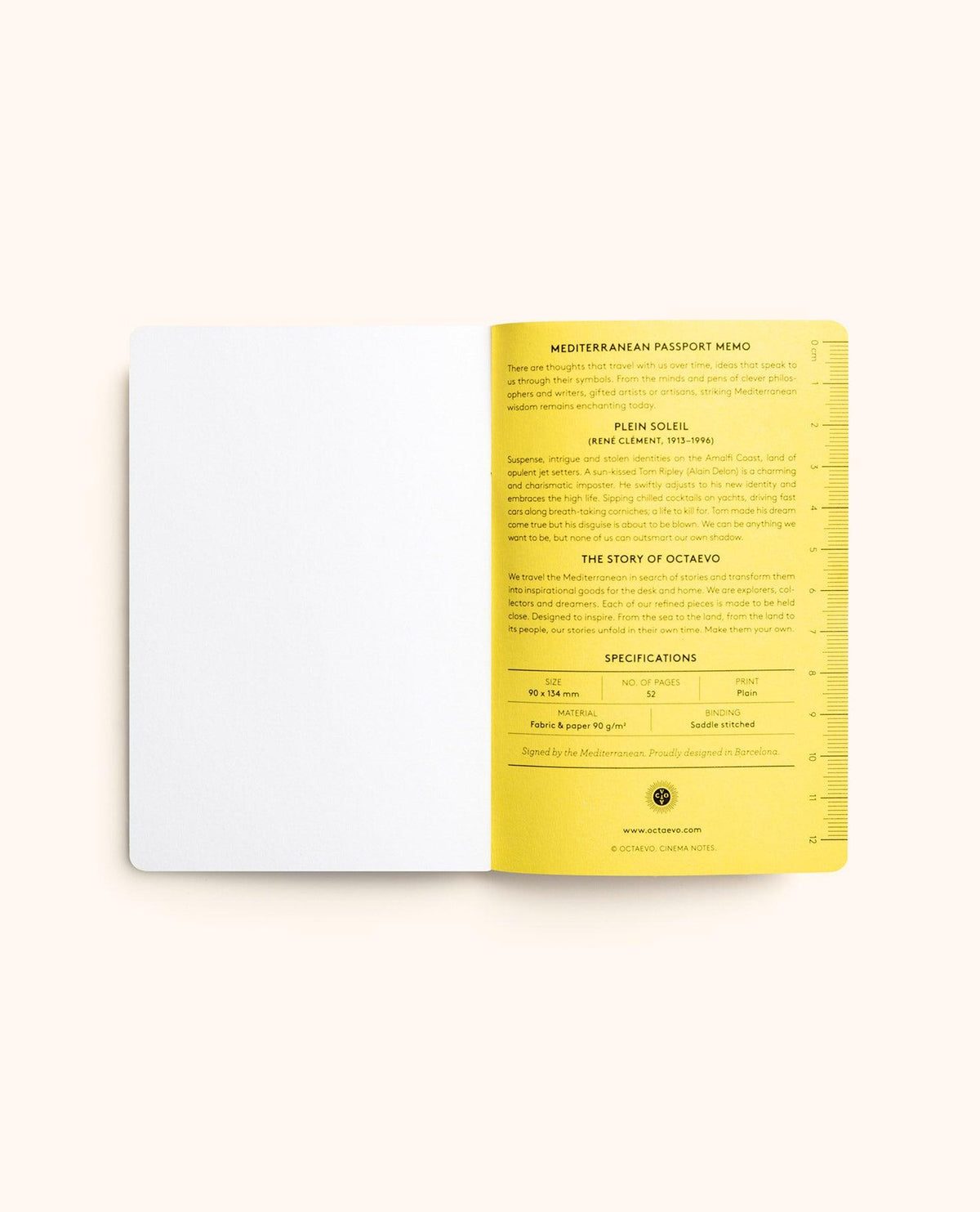 OCTAEVO Philosophy Passport Notes: open linen notebook, blank left page, yellow right with text and specs.