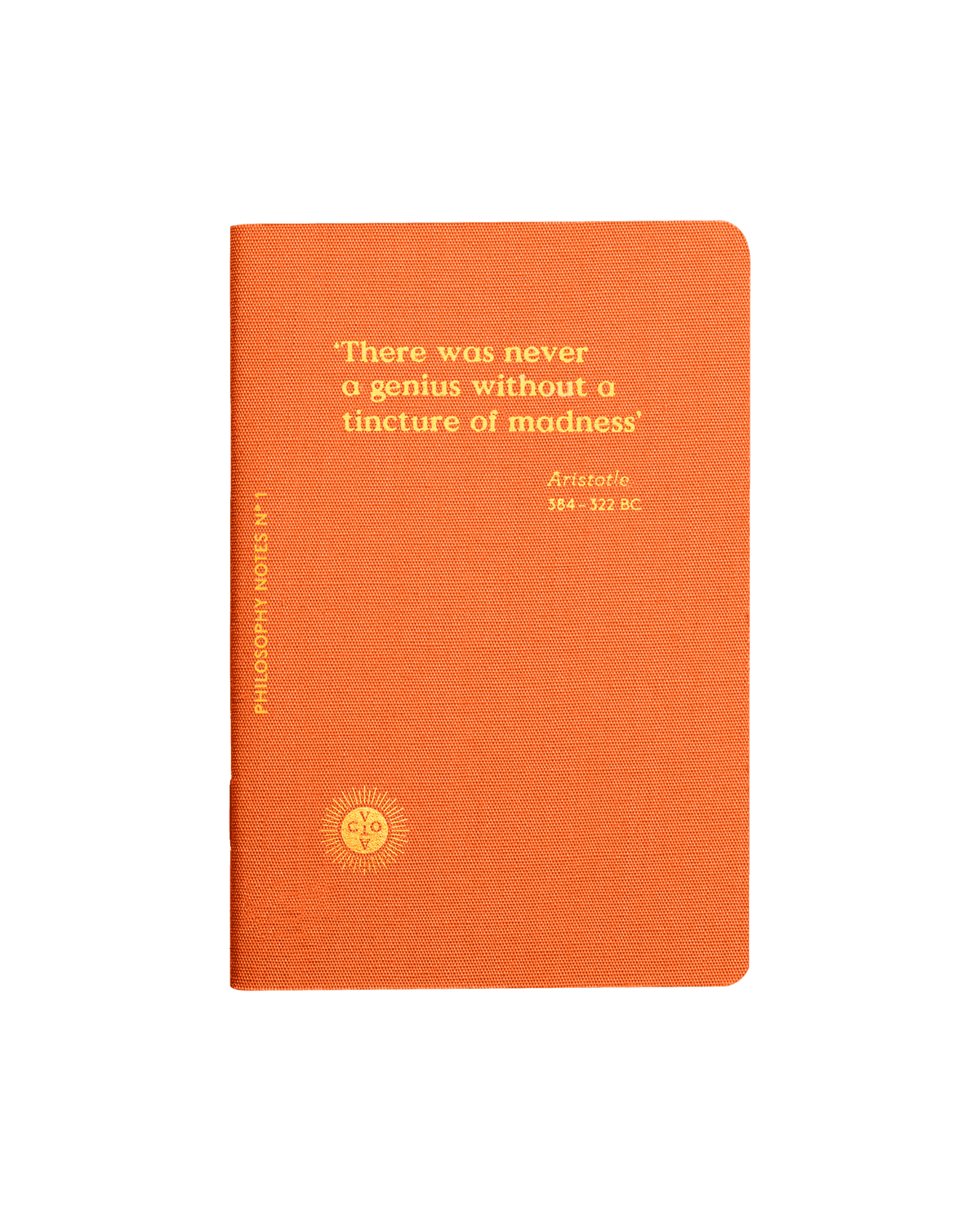 Philosophy Passport Notes by OCTAEVO: An orange linen-covered, passport-size notebook with Aristotles wisdom.