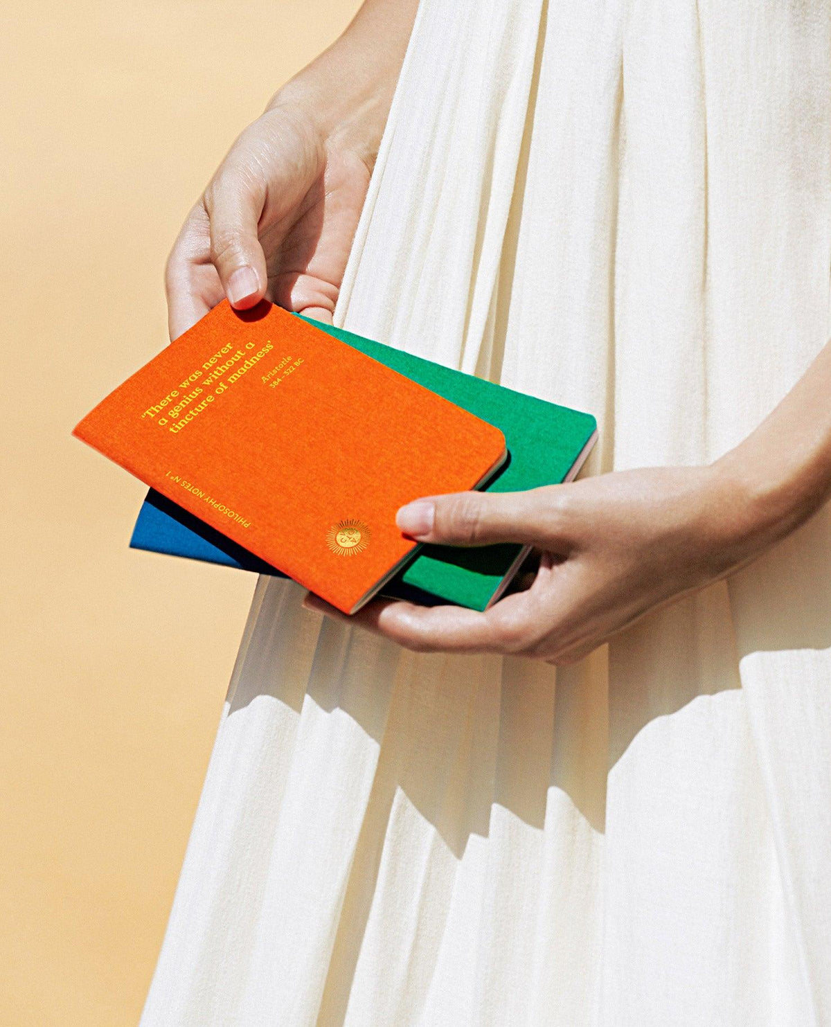 Jemand in Weiß hält drei OCTAEVO Notizhefte Passport Philosophy Nº 2 — Diogenes vor beigem Hintergrund.