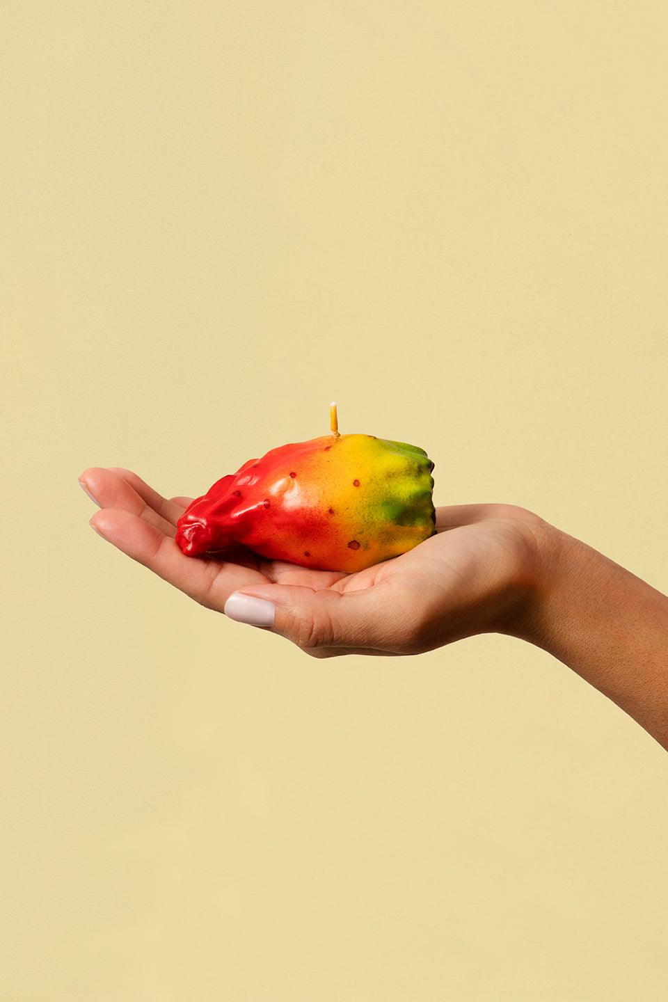 A hand holds the Octaevo Prickly Pear Candle, a playful tabletop decor piece, against a beige background.