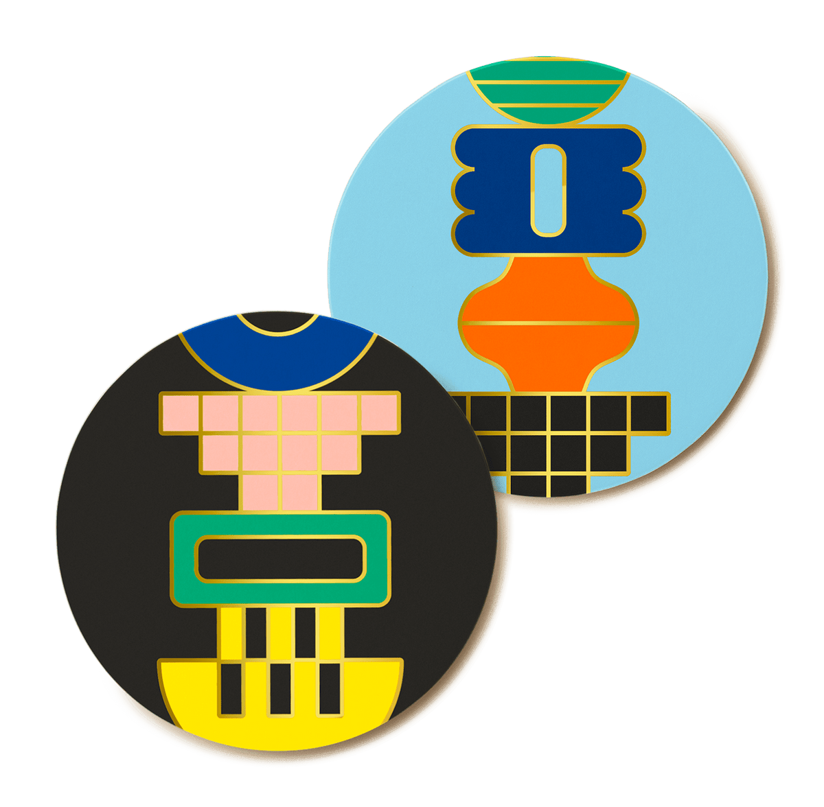 Set of two OCTAEVO Templo coasters with bold geometric shapes, bright colors, and subtle gold foil accents.