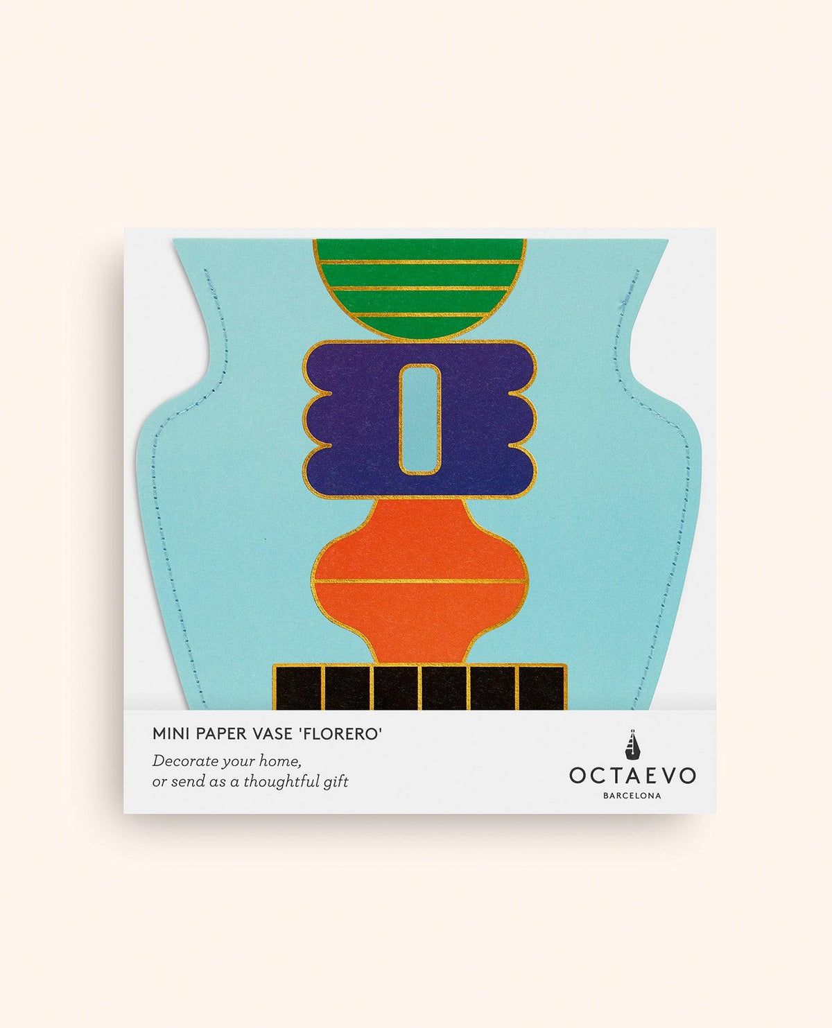 OCTAEVO Templo Mini Paper Vase with light blue, green, orange, and gold geometric shapes on white packaging.