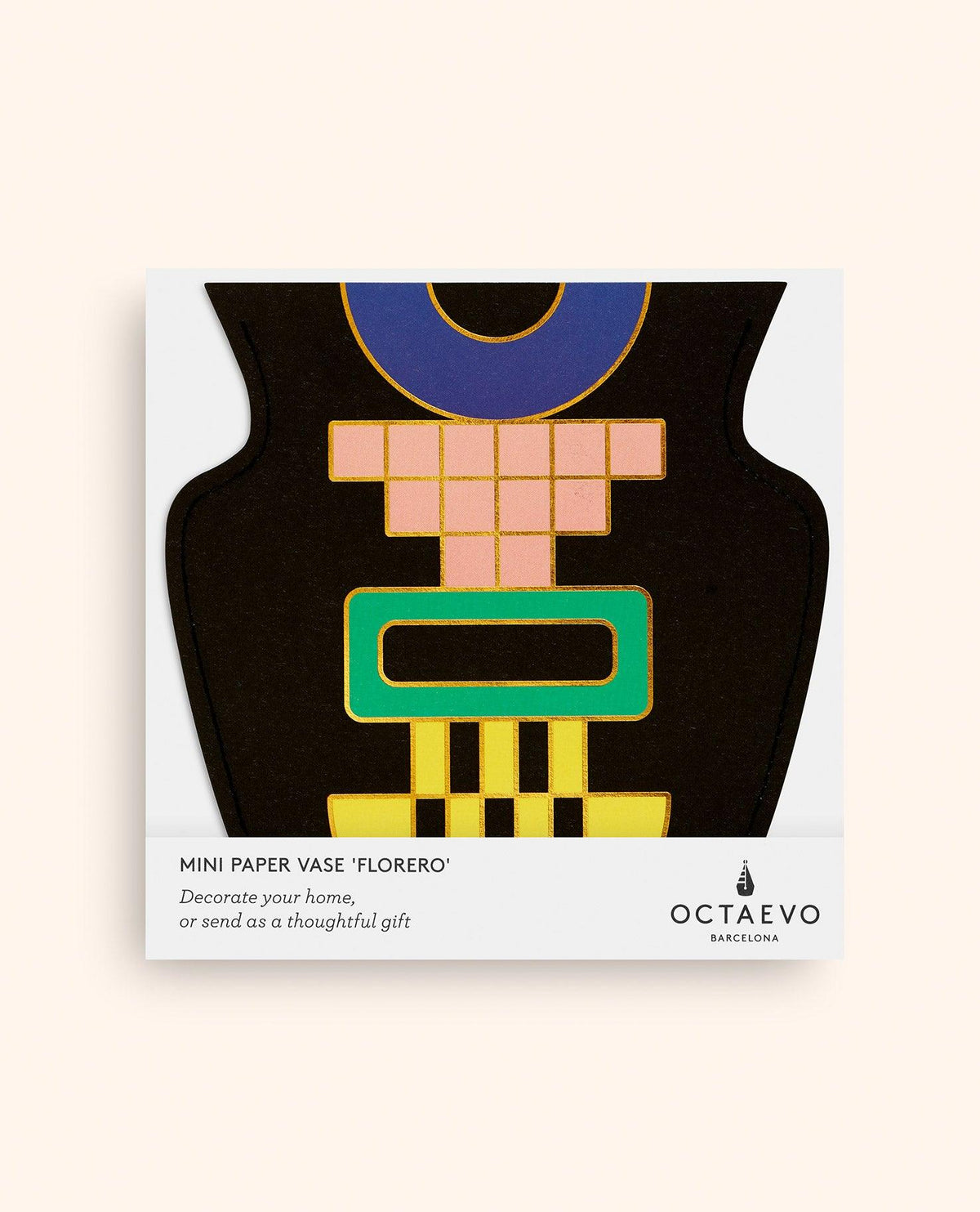 Templo Paper Vase by OCTAEVO features colorful geometric shapes on black & gold, with signature branded packaging.
