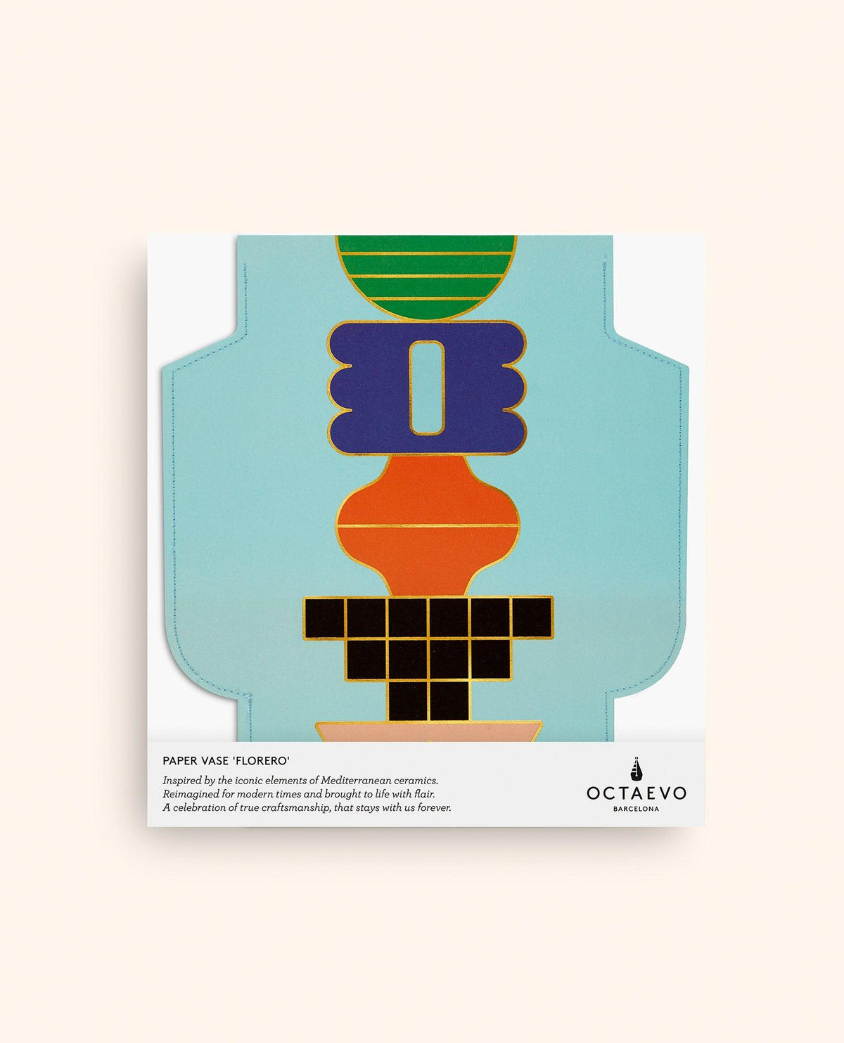 A colorful Mediterranean geometric design on the Templo Paper Vase in light blue by OCTAEVO, with text and logo at the bottom.