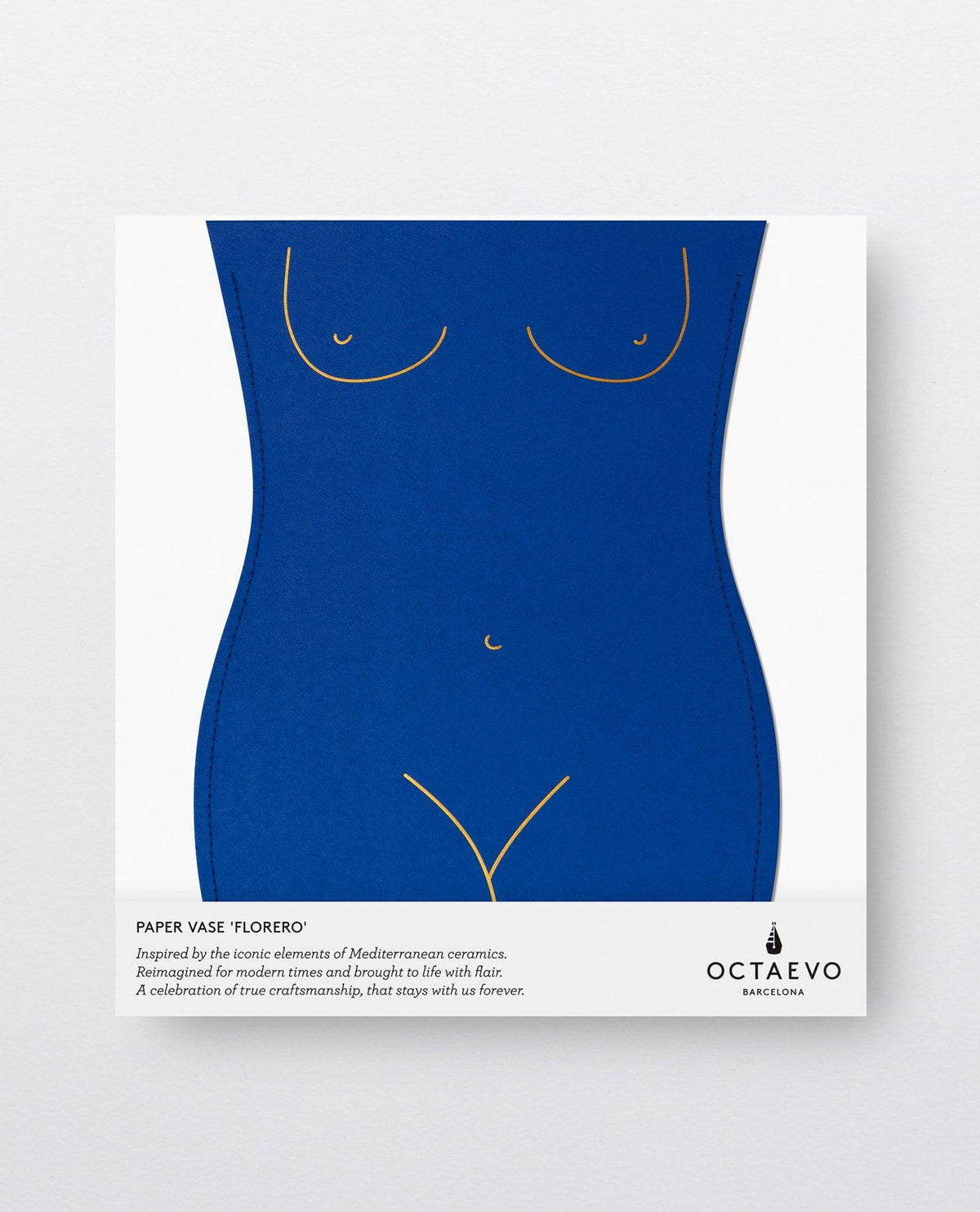 OCTAEVO Venus Paper Vase: a blue, handcrafted torso-shaped flower vase for Mediterranean decor, displayed on white card.